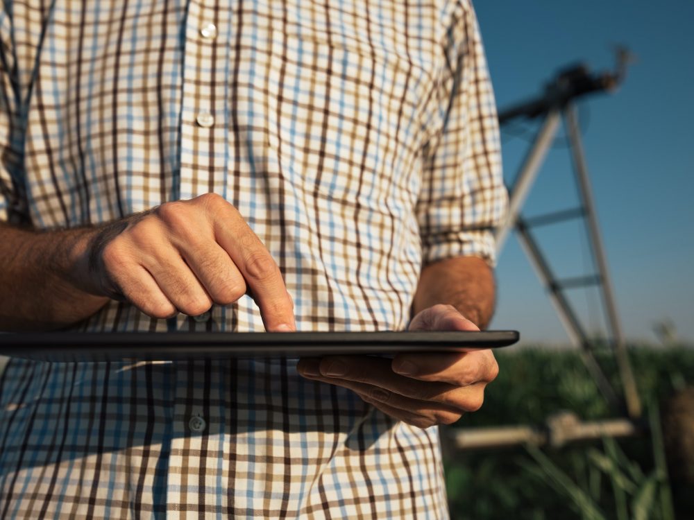 Farmer using tablet computer in cornfield with irrigation system